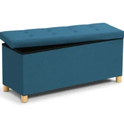 Banquette rangement tissu bleu canard en lin