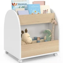 Bibliothèque enfant sur roulettes hêtre et blanc