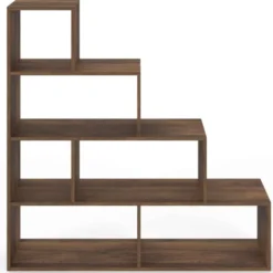Bibliothèque escalier bois effet noyer 6 cases