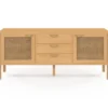 Buffet bas bois et cannage 140 cm avec 2 portes et 3 tiroirs