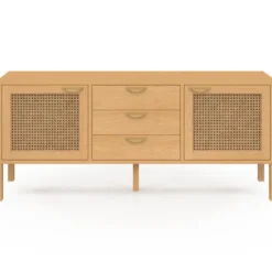 Buffet bas bois et cannage 140 cm avec 2 portes et 3 tiroirs
