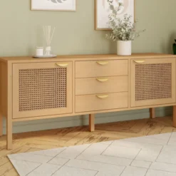 Buffet bas bois et cannage 140 cm avec 2 portes et 3 tiroirs