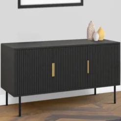 Buffet bas bois noir 110cm 3 portes effet lattes