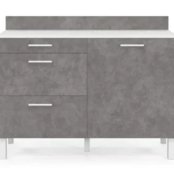 Buffet bas casserolier de cuisine 120 cm plan de travail H.83 cm 1 porte + 3 tiroirs blanc et effet béton