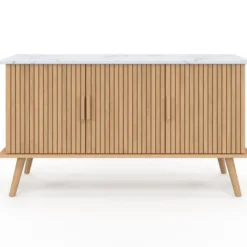 Buffet bas 110 cm plateau effet marbre 3 portes lattes tasseau bois coloris chêne