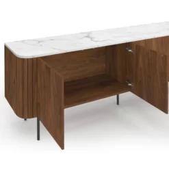 Buffet bas 160 cm 4 portes effet noyer et lattes et plateau marbre blanc