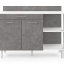 Buffet bas de cuisine blanc 120 cm 2 portes + tiroir effet béton