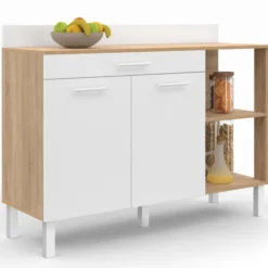Buffet bas de cuisine bois façon hêtre 120 cm 2 portes + tiroir blanc