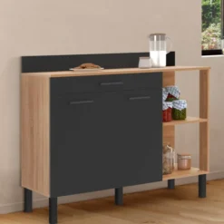 Buffet bas de cuisine bois façon hêtre 120 cm 2 portes + tiroir noir