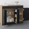 Buffet bas de cuisine 110 cm avec rangements façon hêtre et noir