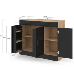 Buffet bas de cuisine 110 cm avec rangements façon hêtre et noir
