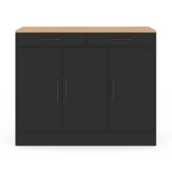 Buffet bas de cuisine 110 cm avec rangements façon hêtre et noir
