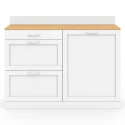 Buffet bas de cuisine 120 cm casserolier plan de travail H.83 cm 1 porte + 3 tiroirs blanc et plateau façon hêtre