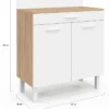Buffet bas de cuisine 80 cm plan de travail H.83 cm 2 portes + tiroir façon hêtre et blanc