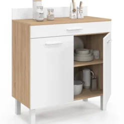 Buffet bas de cuisine 80 cm plan de travail H.83 cm 2 portes + tiroir façon hêtre et blanc