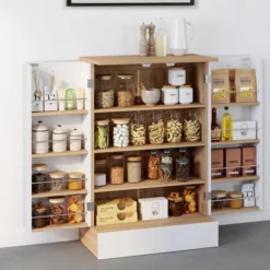 Buffet bas de cuisine H.90 cm avec rangements blanc et bois