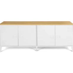 Buffet bas industriel 4 portes métal blanc et plateau bois