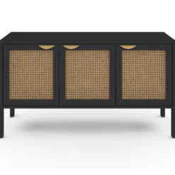 Buffet bas 3 portes bois noir et cannage 110 cm