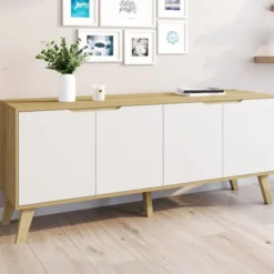 Buffet bas scandinave bois avec 4 portes blanches