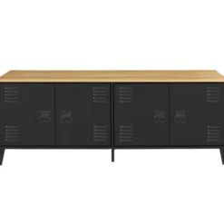 Buffet bas style industriel 4 portes métal noir et plateau bois 140 cm