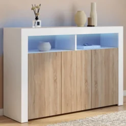Buffet blanc et bois 3 portes avec LED