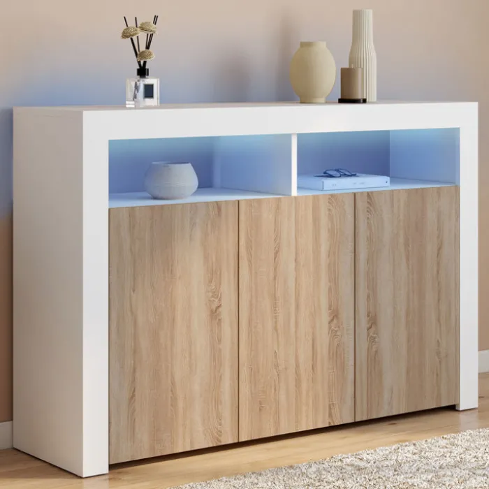 Buffet blanc et bois 3 portes avec LED