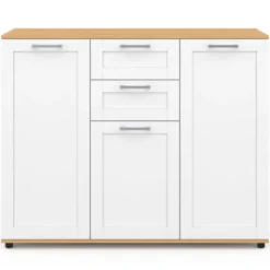 Buffet blanc et plateau bois 100 cm avec 3 portes et 2 tiroirs