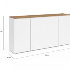 Buffet blanc moderne 160 cm 4 portes plateau bois