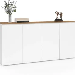 Buffet blanc moderne 160 cm 4 portes plateau bois