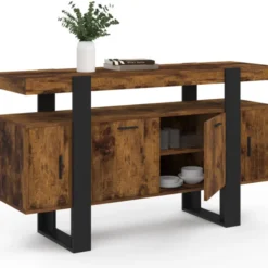 Buffet bois effet vieilli et noir 140 cm 4 portes
