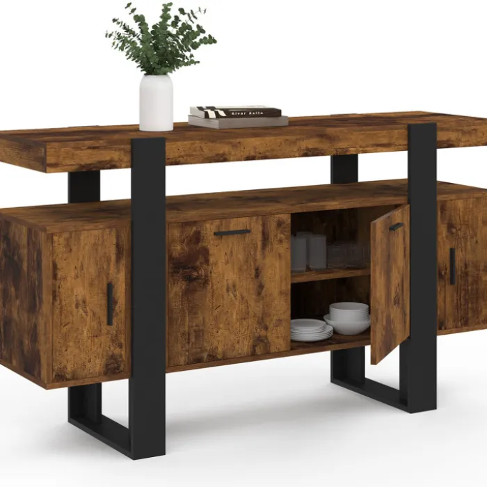 Buffet bois effet vieilli et noir 140 cm 4 portes