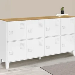 Buffet casier 139 cm 8 portes en métal blanc plateau bois design industriel