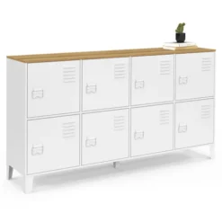 Buffet casier 139 cm 8 portes en métal blanc plateau bois design industriel