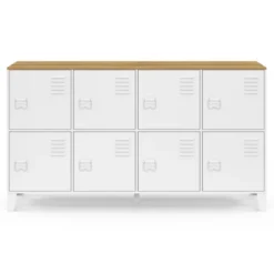 Buffet casier 139 cm 8 portes en métal blanc plateau bois design industriel
