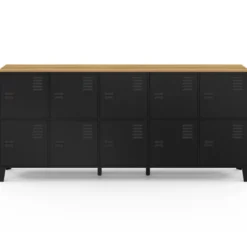 Buffet casier industriel 180 cm 10 portes en métal noir et plateau bois
