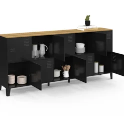 Buffet casier industriel 180 cm 10 portes en métal noir et plateau bois