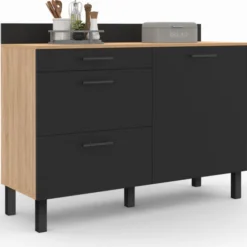 Buffet casserolier 120 cm 1 placard, 3 tiroirs et un plan de travail
