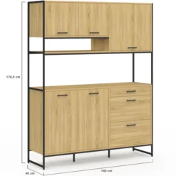 Buffet casserolier de cuisine 140 cm 5 portes + 3 tiroirs design industriel