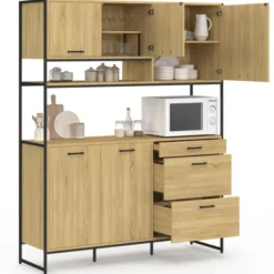 Buffet casserolier de cuisine 140 cm 5 portes + 3 tiroirs design industriel