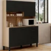 Buffet casserolier de cuisine 140 cm 5 portes et 3 tiroirs façon hêtre et noir