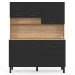 Buffet casserolier de cuisine 140 cm 5 portes et 3 tiroirs façon hêtre et noir