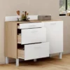 Buffet casserolier de cuisine 120 cm avec 1 porte et 3 tiroirs façon hêtre et blanc