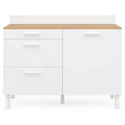 Buffet casserolier de cuisine 120 cm avec 1 porte et 3 tiroirs façon hêtre et blanc