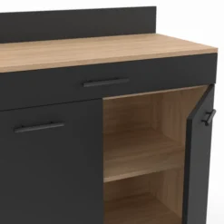 Buffet casserolier de cuisine de 80 cm avec 2 portes, 1 tiroir et un plan de travail façon hêtre