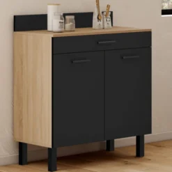 Buffet casserolier de cuisine de 80 cm avec 2 portes, 1 tiroir et un plan de travail façon hêtre