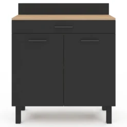Buffet casserolier de cuisine de 80 cm avec 2 portes, 1 tiroir et un plan de travail façon hêtre