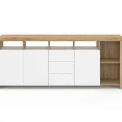 Buffet 180 cm bois façon hêtre 3 portes et 3 tiroirs blancs