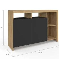 Buffet 110 cm en bois façon hêtre avec portes noires et 4 compartiments ouverts