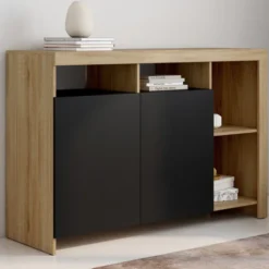 Buffet 110 cm en bois façon hêtre avec portes noires et 4 compartiments ouverts