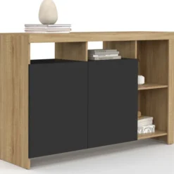 Buffet 110 cm en bois façon hêtre avec portes noires et 4 compartiments ouverts